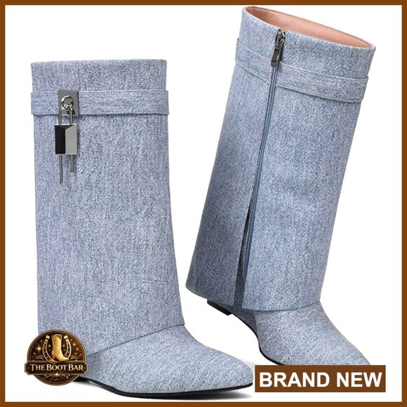 Faux Leather Ankle Boots Wedge Heel Fold Over Design Side Zipper Almond Toe